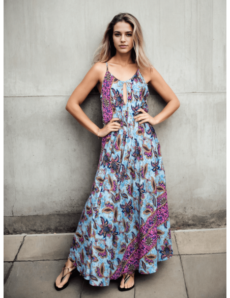 KM2027D - Long light blue silk dress with flowers - Ethnic style and flowing design Kimago