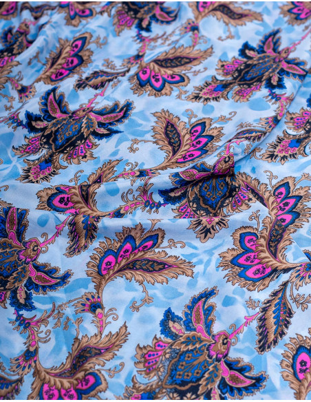 KM2027D - Long light blue silk dress with flowers - Ethnic style and flowing design Kimago