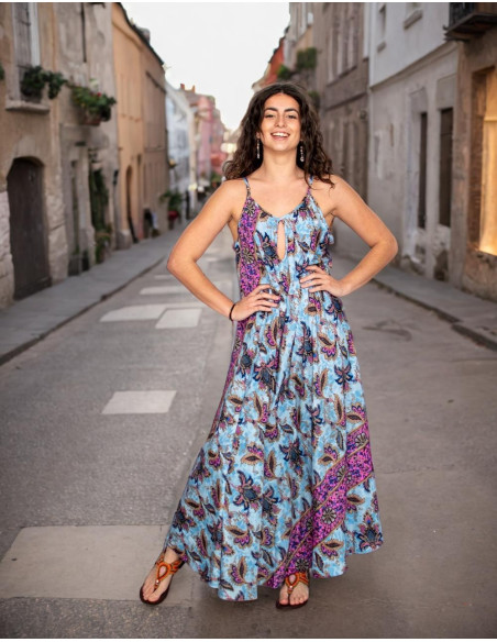 KM2027D - Long light blue silk dress with flowers - Ethnic style and flowing design Kimago