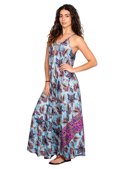 KM2027D - Long light blue silk dress with flowers - Ethnic style and flowing design Kimago