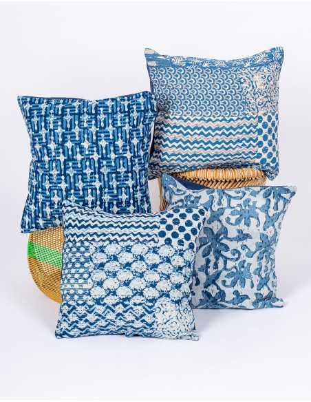 RCJ0033C - Federa per cuscino in cotone azzurro con stampa blu e bianca