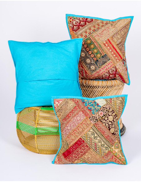 RCJ0035C - Housse de coussin bleu clair, brodée à la main, d'inspiration indienne, 40 x 40 cm Kimago