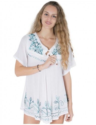 Camiseta de mangas largas bordada-branca-marrom 2